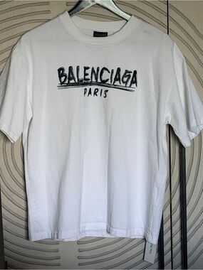Balenciaga White Short Sleeve Logo Tee with Black Sketch Graphic